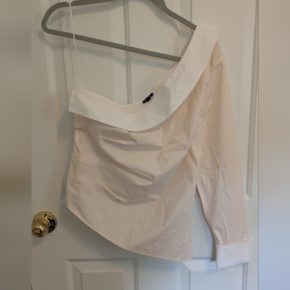 Express One-Shoulder Pinstripe Blouse in White and Light Pink - Size Small